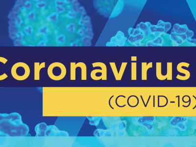 Blue background with illustrations of covid particles. Text reads "Coronavirus (COVID-19)" in bold yellow letters.